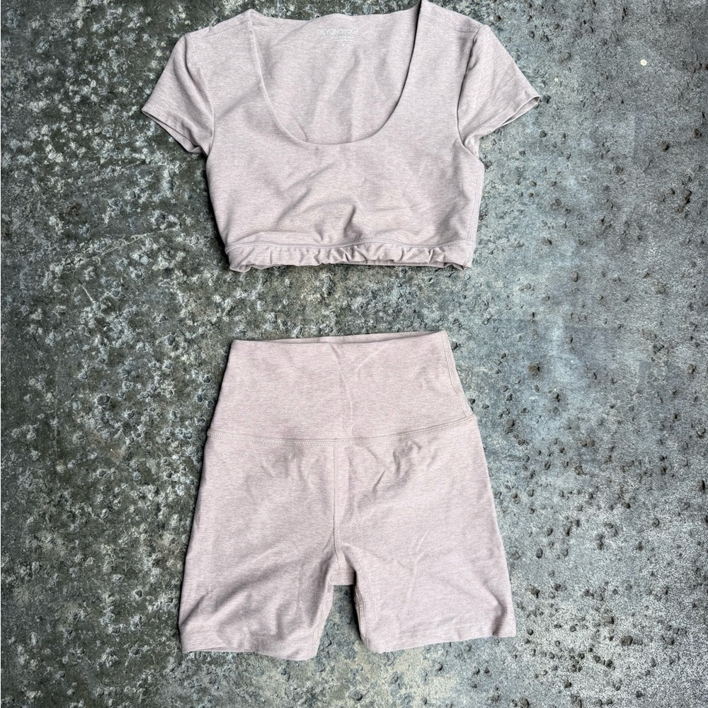 Beyond Yoga Spacedye Chai Set - What's The Scoop Bra and Keep Pace Biker Short